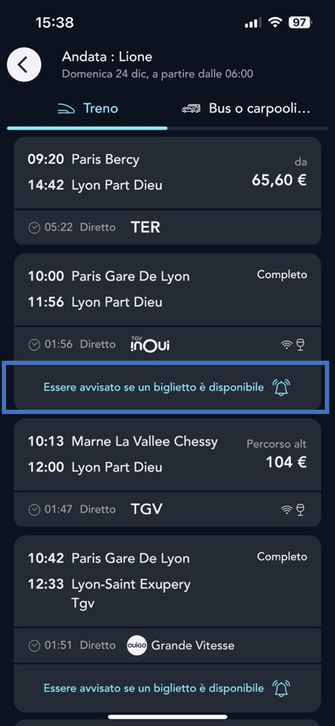 schermata della pagina dei risultati della ricerca dei biglietti sull'applicazione SNCF Connect che illustra l'opzione di avviso treno completo